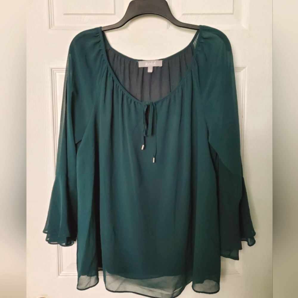 NWOT Marled Reunited Beautiful Blue-Green Sheer Top with front tie (Size…